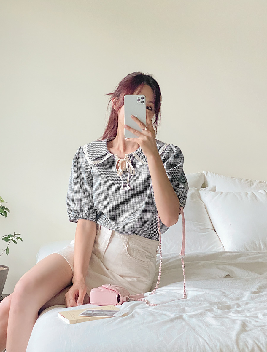 [EVELLET] Chodina Plaid Check Double Collared Blouse