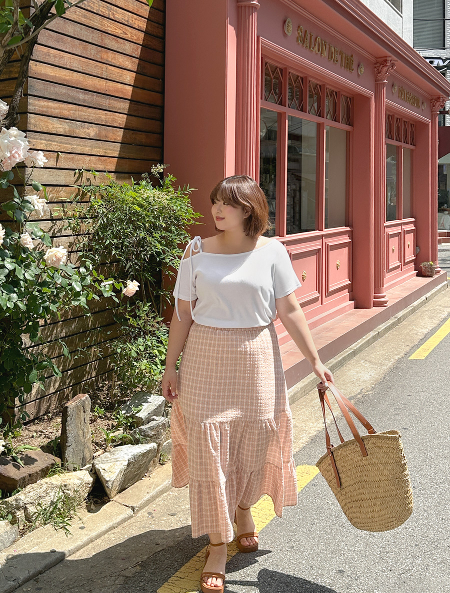 Tburen Embo Plaid Check Tiered Long Skirt