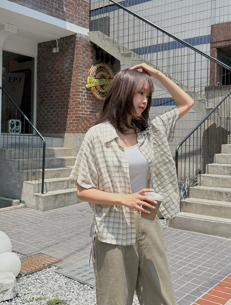New Dick Plaid Check Bowknot Shirring Shirt