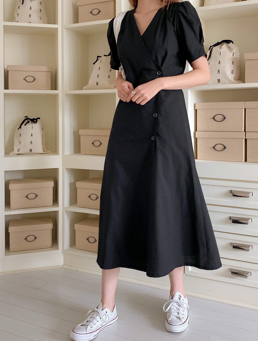 [EVELLET] Free V-neck Button Wrap Long Dress