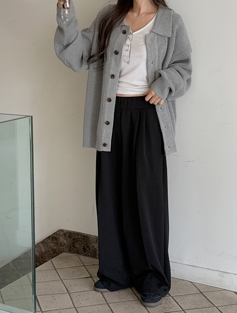 Enpurin Pintuck Wide Long Waistband Slacks