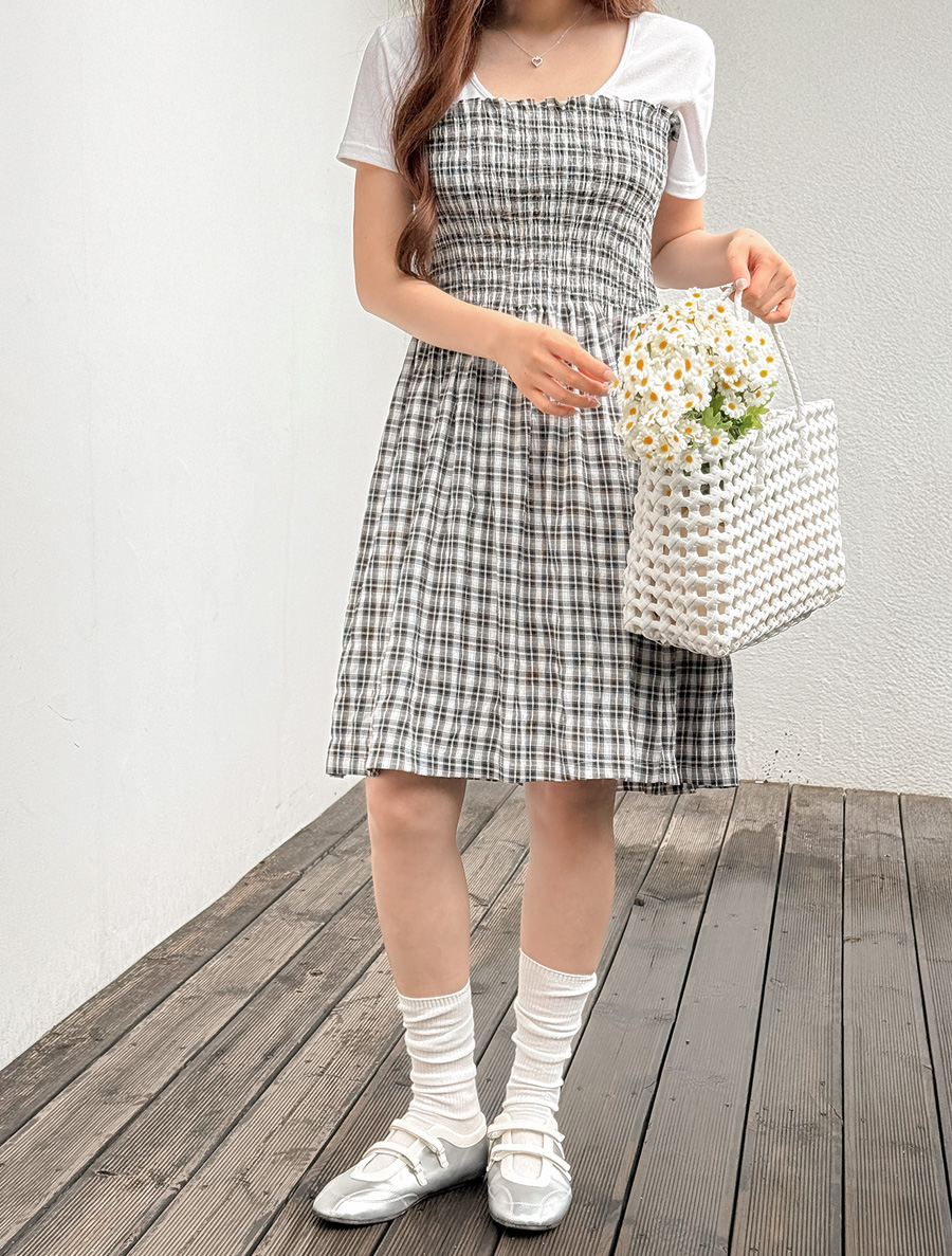 Inend Plaid Check Shirring Smoke Dress