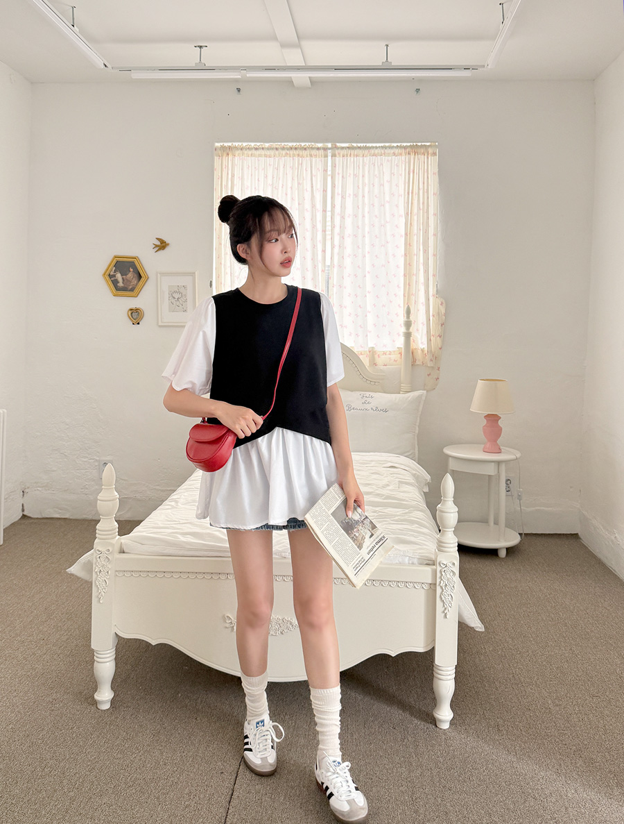 Enqview Contrast Shirring T-Blouse
