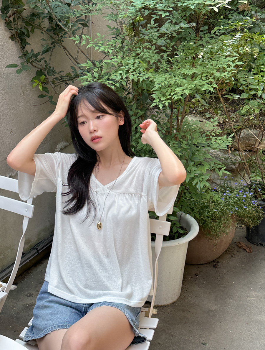 Lensto Linen Shirring V-Neck T-shirt