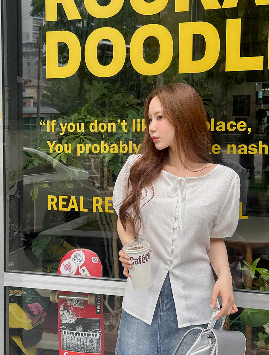 Atup Button Bowknot Unbalance Blouse