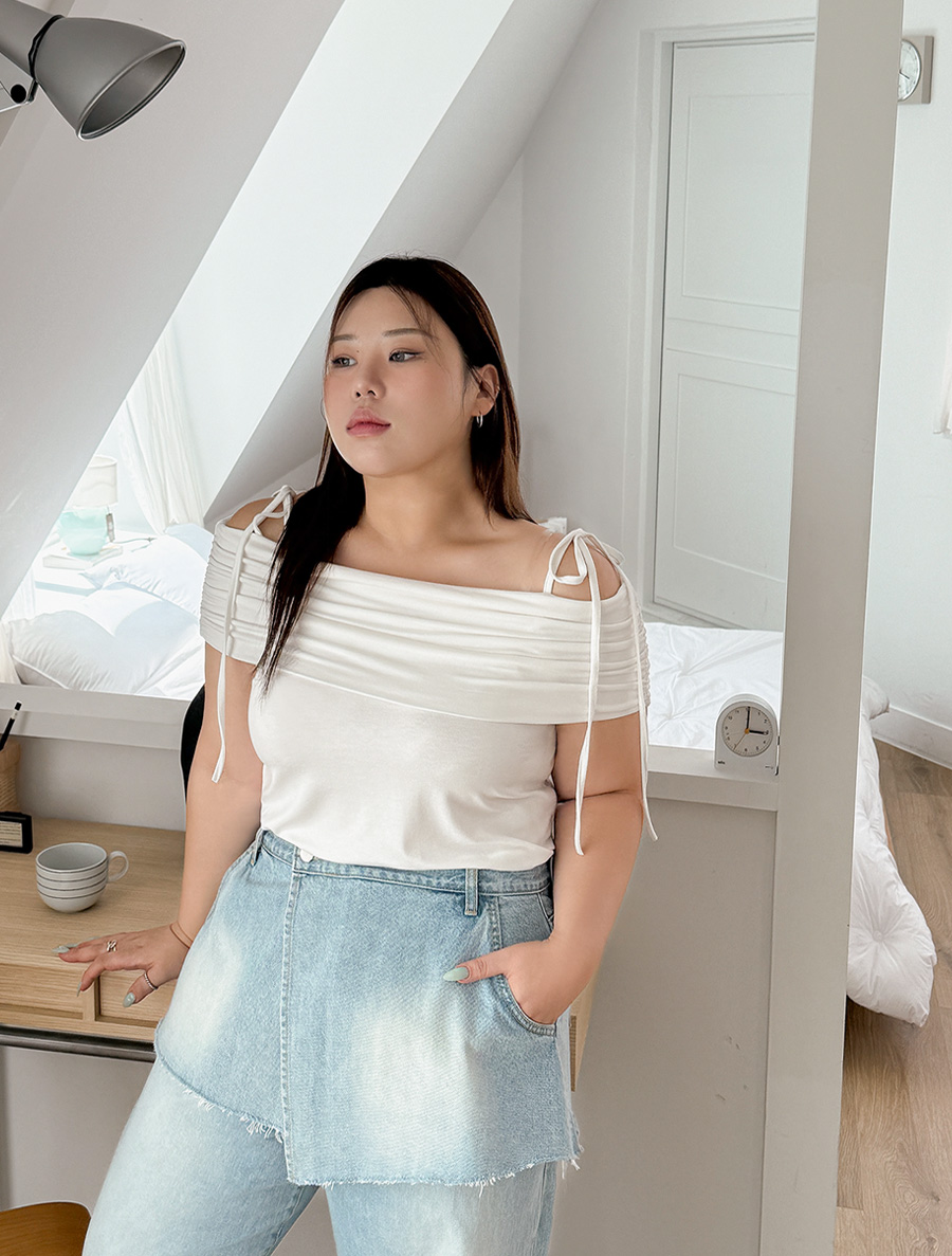 Kendara bowknot shirring off-shoulder T-shirt