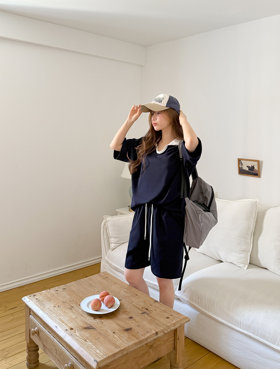 Umaden Contrast Collar T-shirt Pants SET