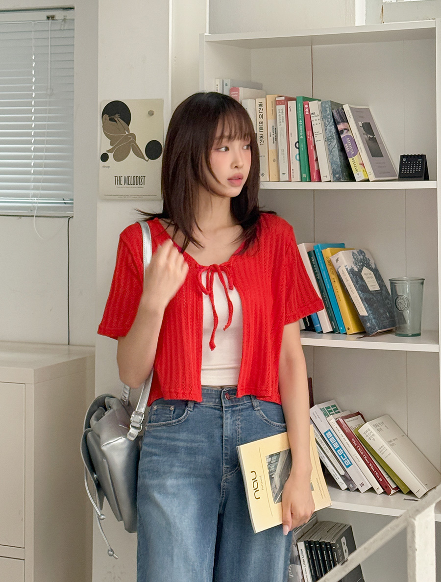 Etren Punching Crop Bowknot Cardigan