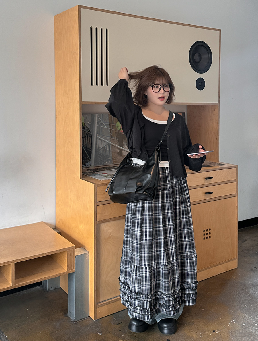 Tsuent Plaid Check Tiered Long Skirt