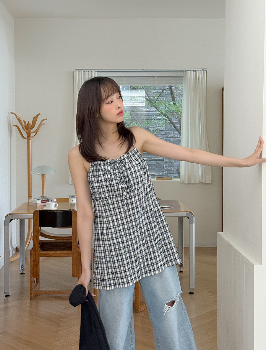 Roachen Plaid Check Shirring Bowknot Bustier