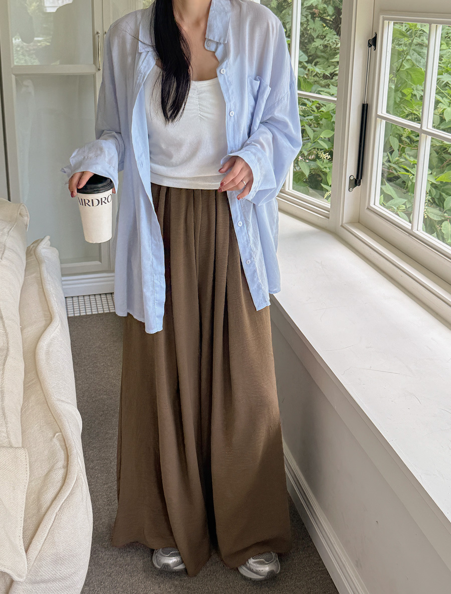 Dimoden Shirring Wide Long Waistband Pants