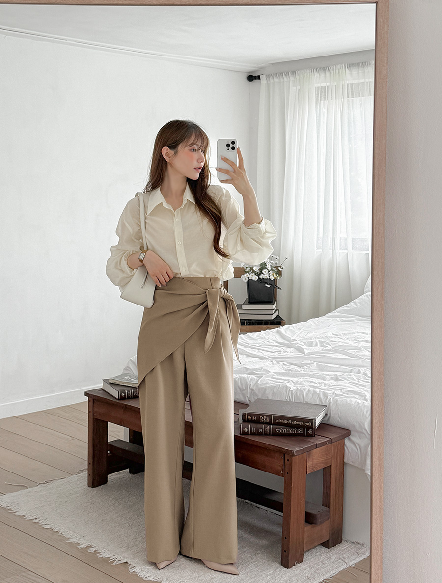 Tsbiyan See-through look team bowknot long shirt