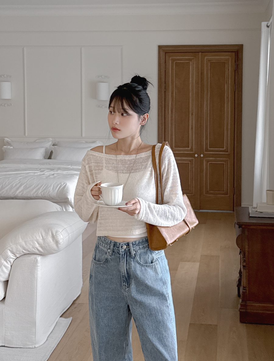 PEUNYU Boat Neck See-through Look Crop T-shirt