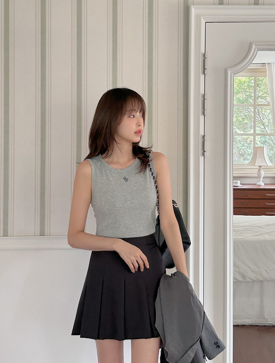 [EVELLET]Ondia Length Ribbed Embroidery Sleeveless