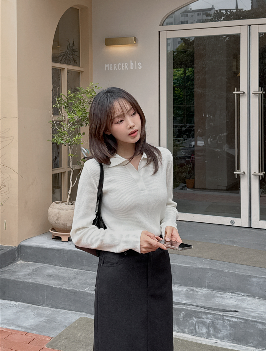 [EVELLET] Xenia Basic Collar Ribbed Knit