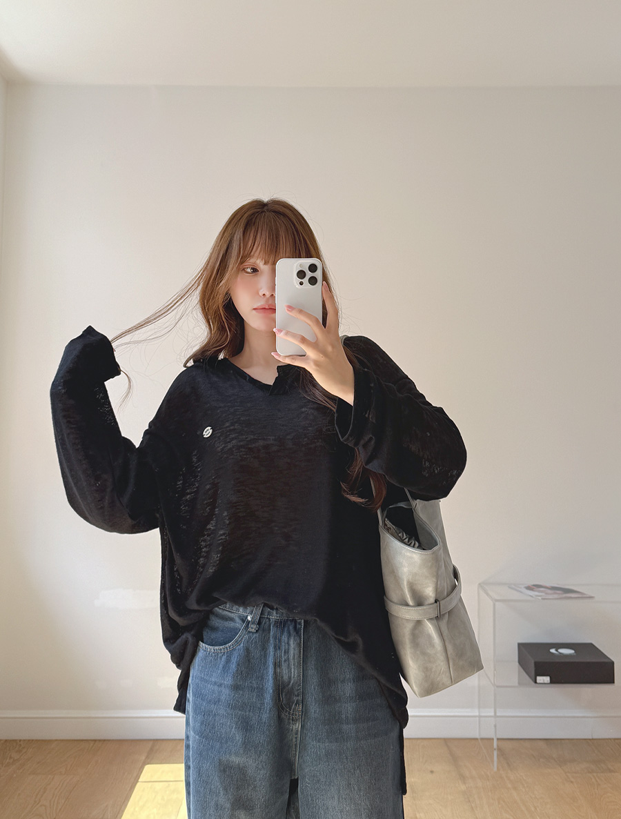 AZENK See-through look Labels Slit Long T-shirt