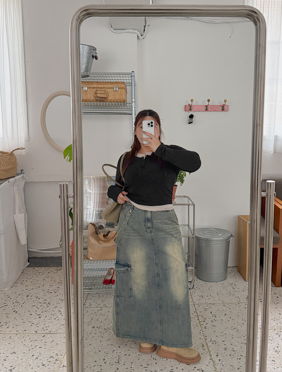 [EVELLET] Julia Tin Washing Cargo Denim Long Skirt by Length