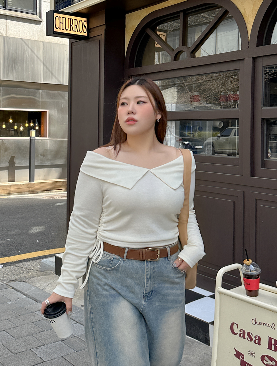 [EVELLET]Euroff Off shoulder shirring collar T-shirt