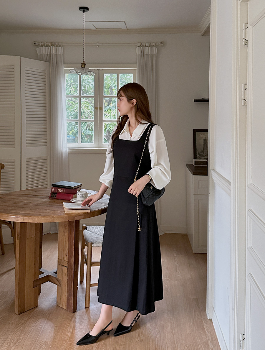 Demuvi Pintuck Pocket Suspender Long Dress