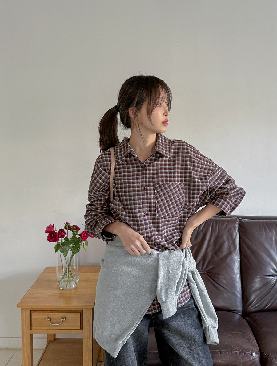 [EVELLET] Bedien loose fit fleece Plaid Check Shirt