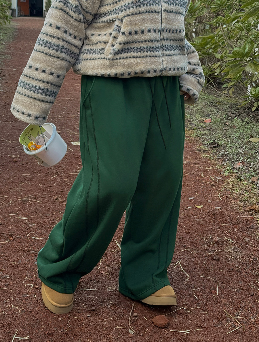 [EVELLET] Rolled fleece Contrast stitch Waistband Pants