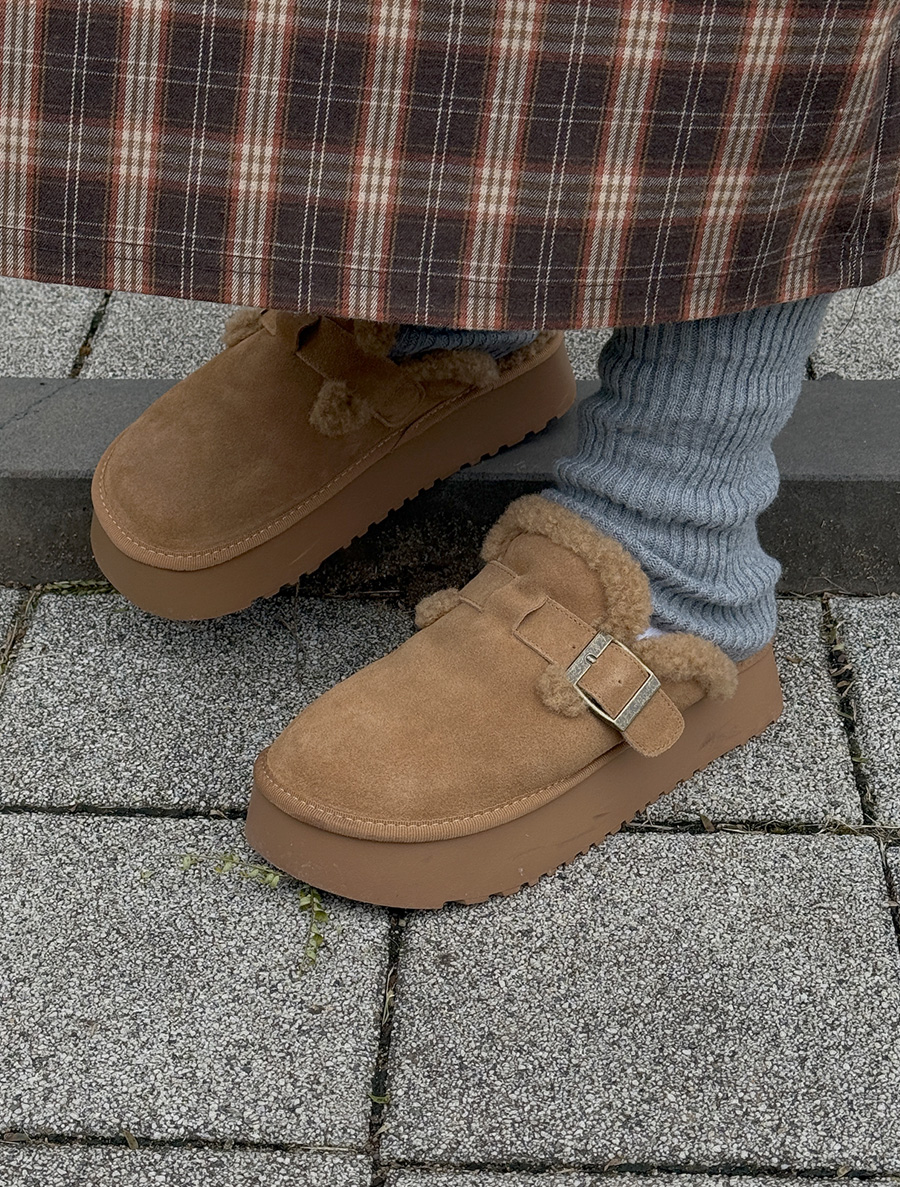 Lepua Cowhide Platform Shoes Fur Slippers (4.5cm)