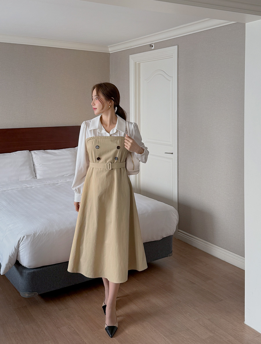 [EVELLET] Lorvi Trench Contrast Shirt Long Dress