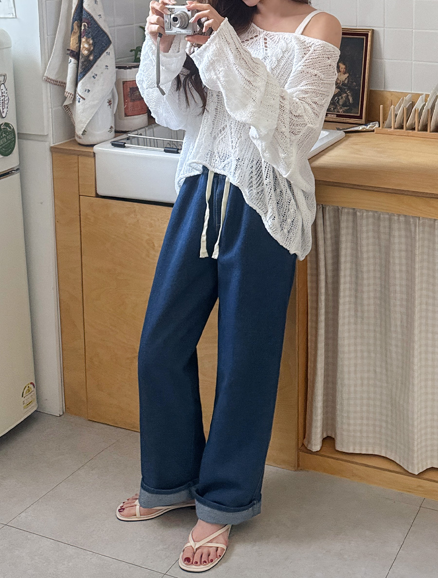 Letenby Denim Semi-Wide Long Waistband Pants