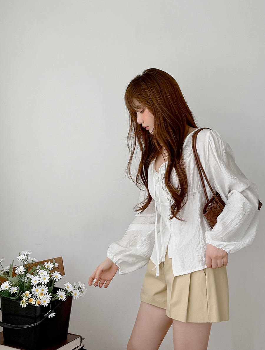 Hetim See-through look bowknot button blouse
