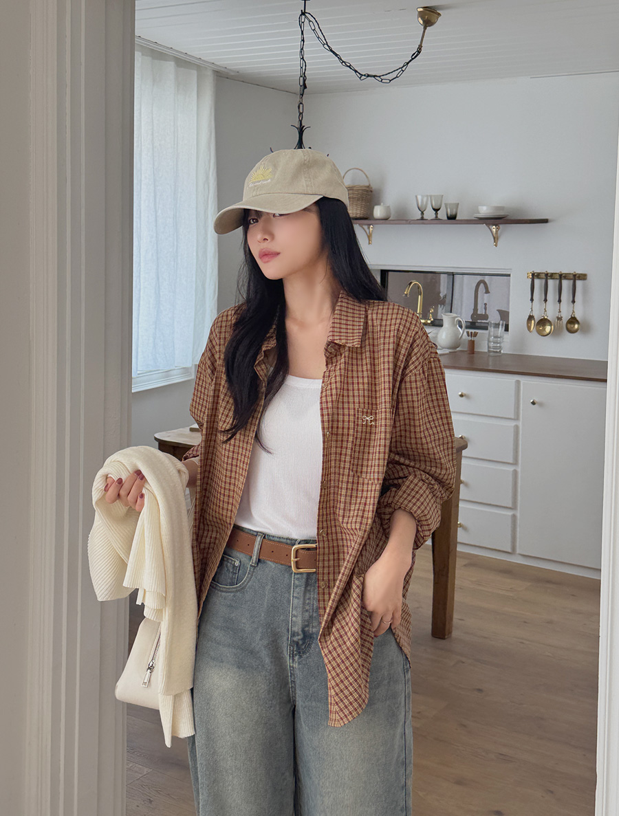 Zeroa Embroidery Graphic Print Bowknot Plaid Check Shirt