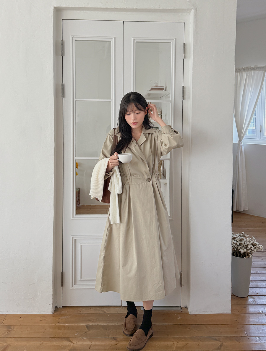 Nemuon Pintuck Wrap Collar Long Dress