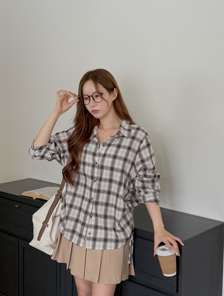 Eltos Shirring Bowknot Plaid Check Shirt