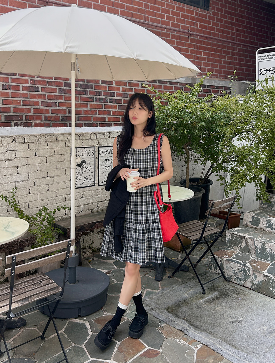 Enqua Plaid Check Tiered Suspender Dress