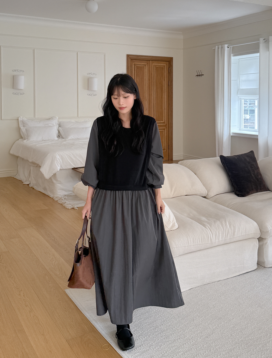 Anyu Contrast Shirring Long Dress