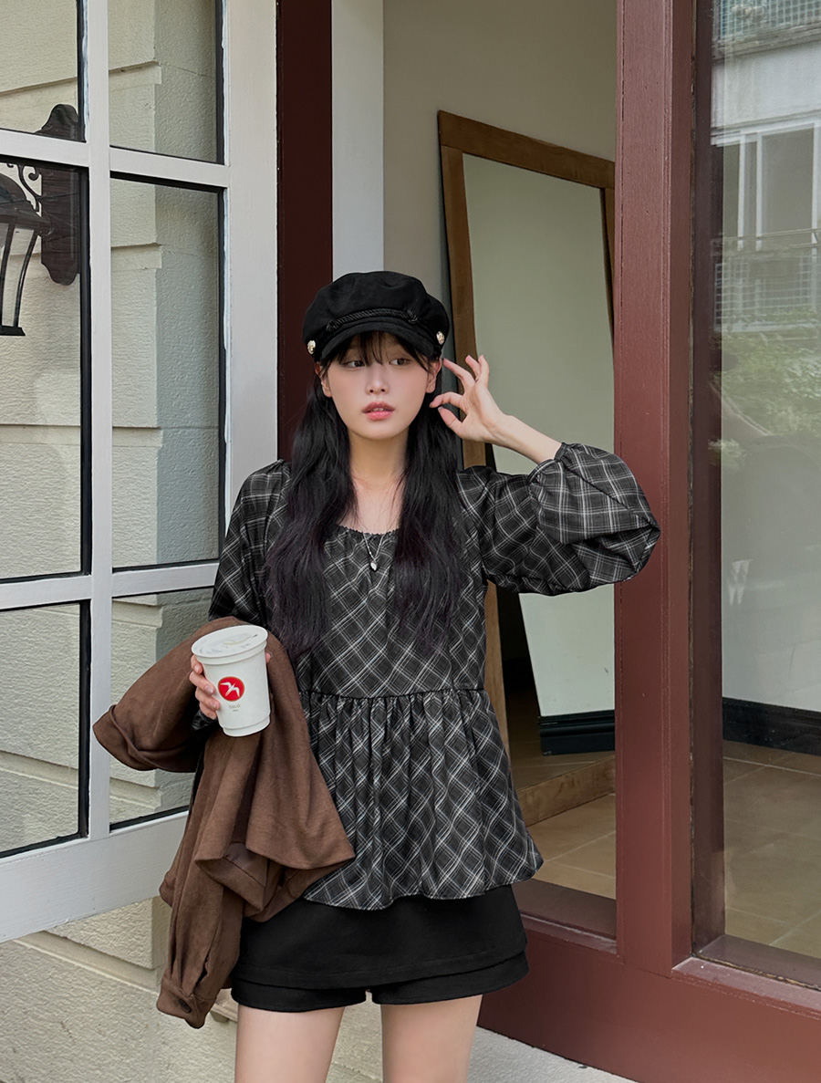 Perimu Square Neck Plaid Check Shirring Blouse