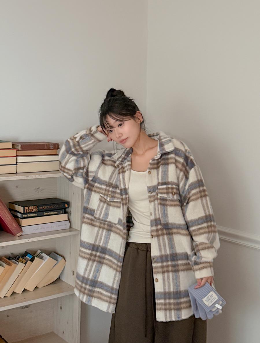 Deweidel Wool Plaid Check Unbalance Shirt Jacket