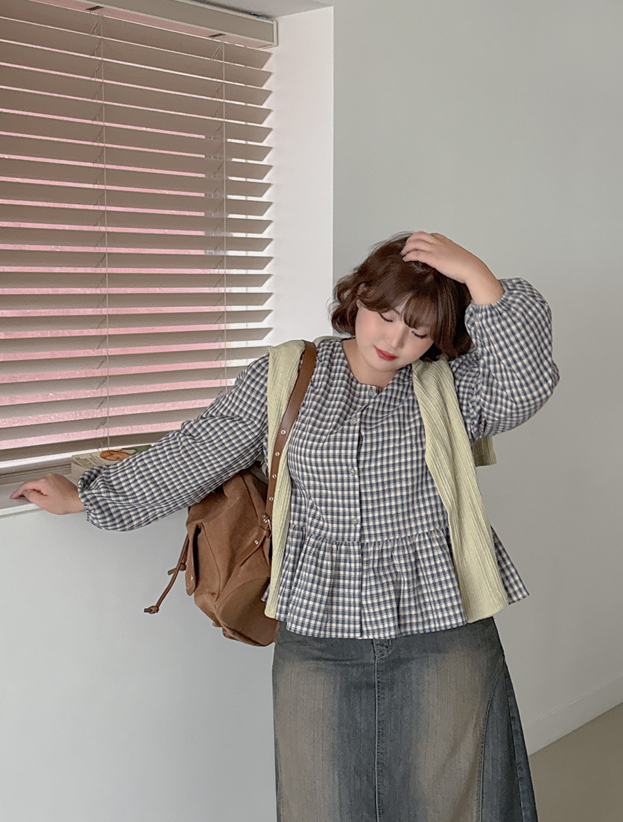 Chapere Plaid Check Frill Blouse