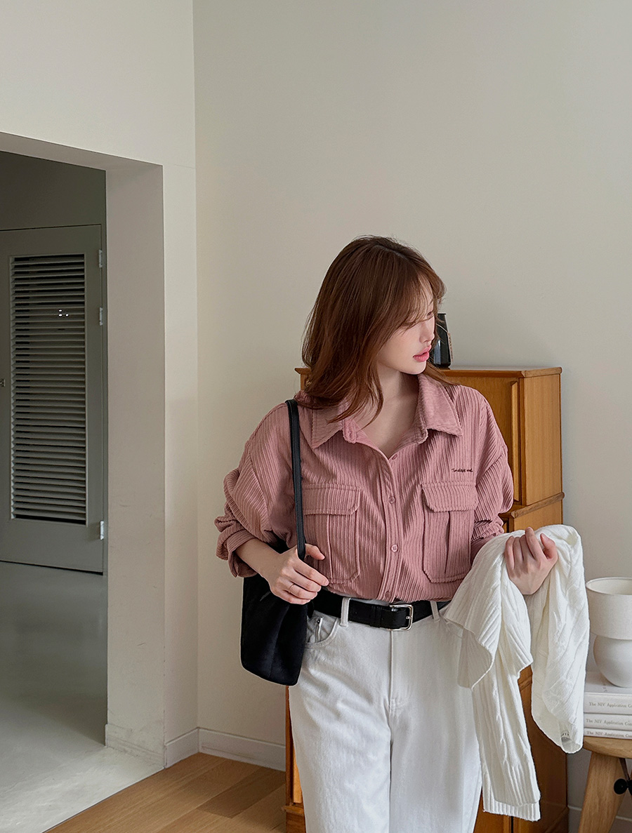 [EVELLET] Lentoff Corduroy Loose Fit Embroidered Shirt