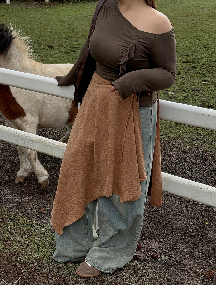 Bainyu Suede Unbalance wrap layered Skirt