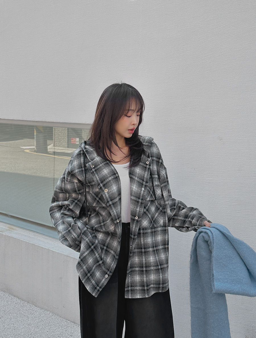 Murean Wool Plaid Check Pocket Hooded Jacket
