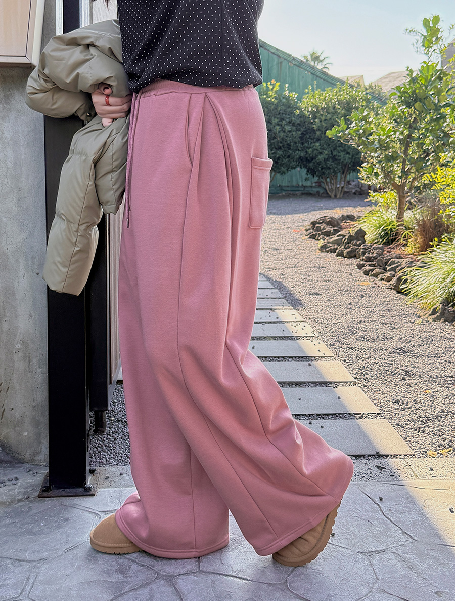 Antip fleece pintuck wide long waistband pants