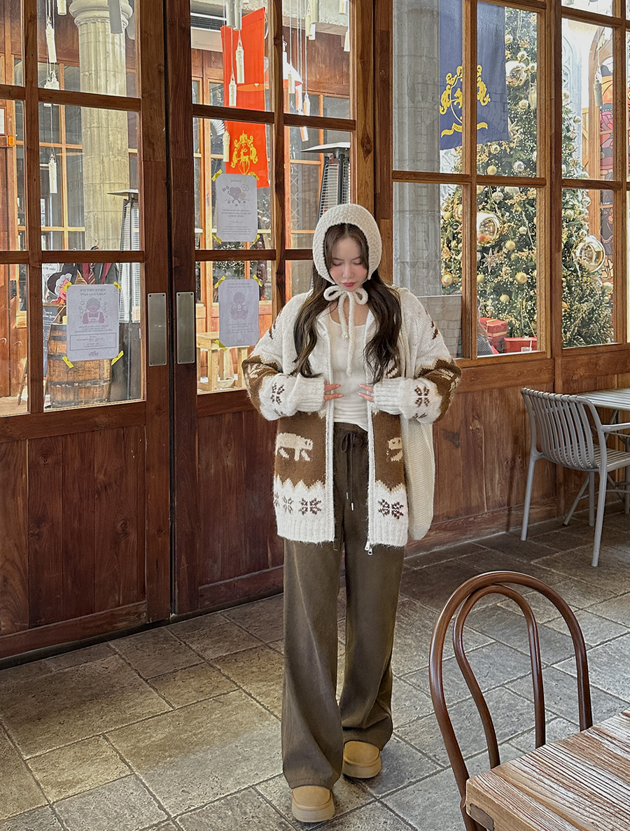 Onfha Length Corduroy Fleece Flared Waistband Pants