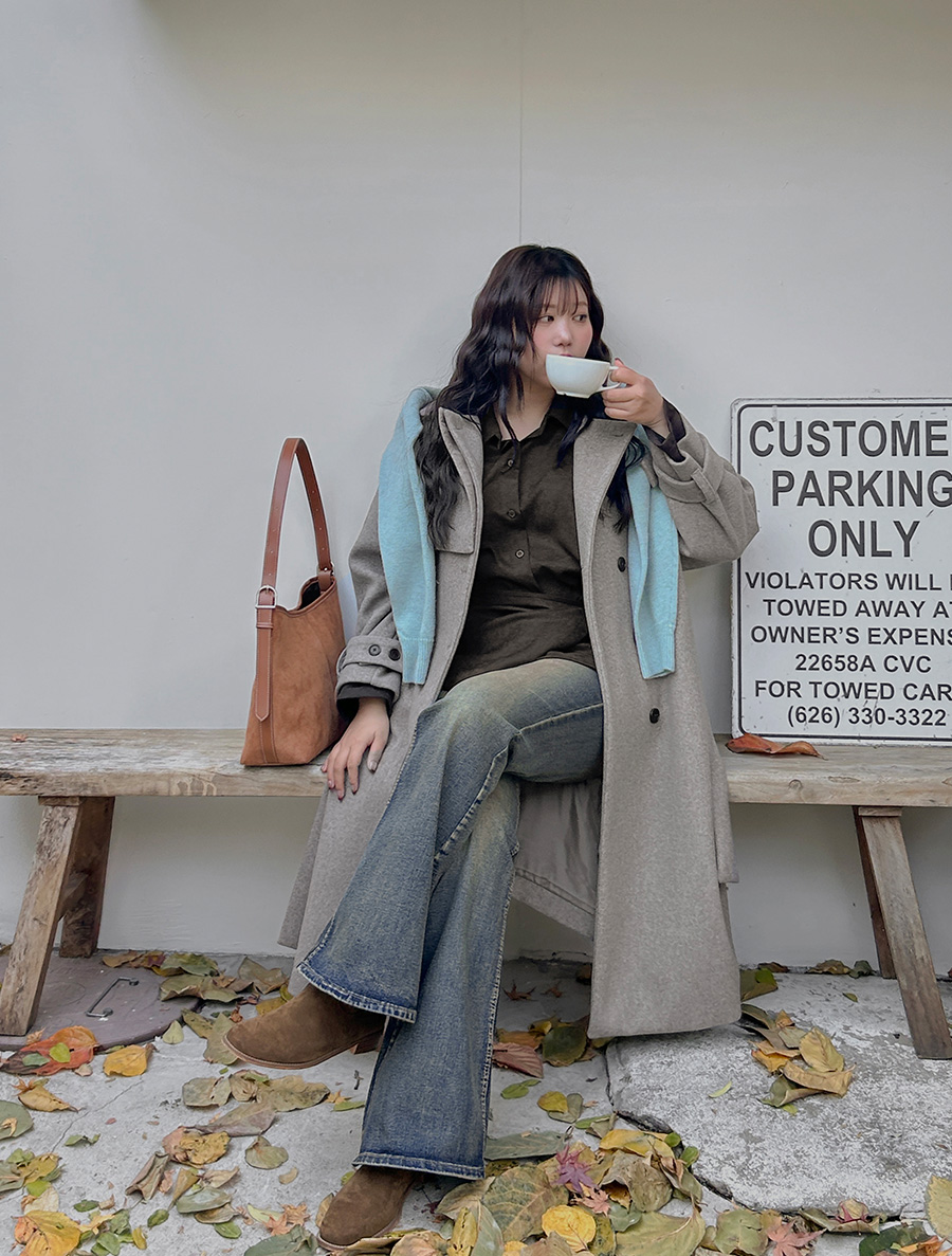 Noamyu BeltSET Wool Unbalance Trench Long Coat