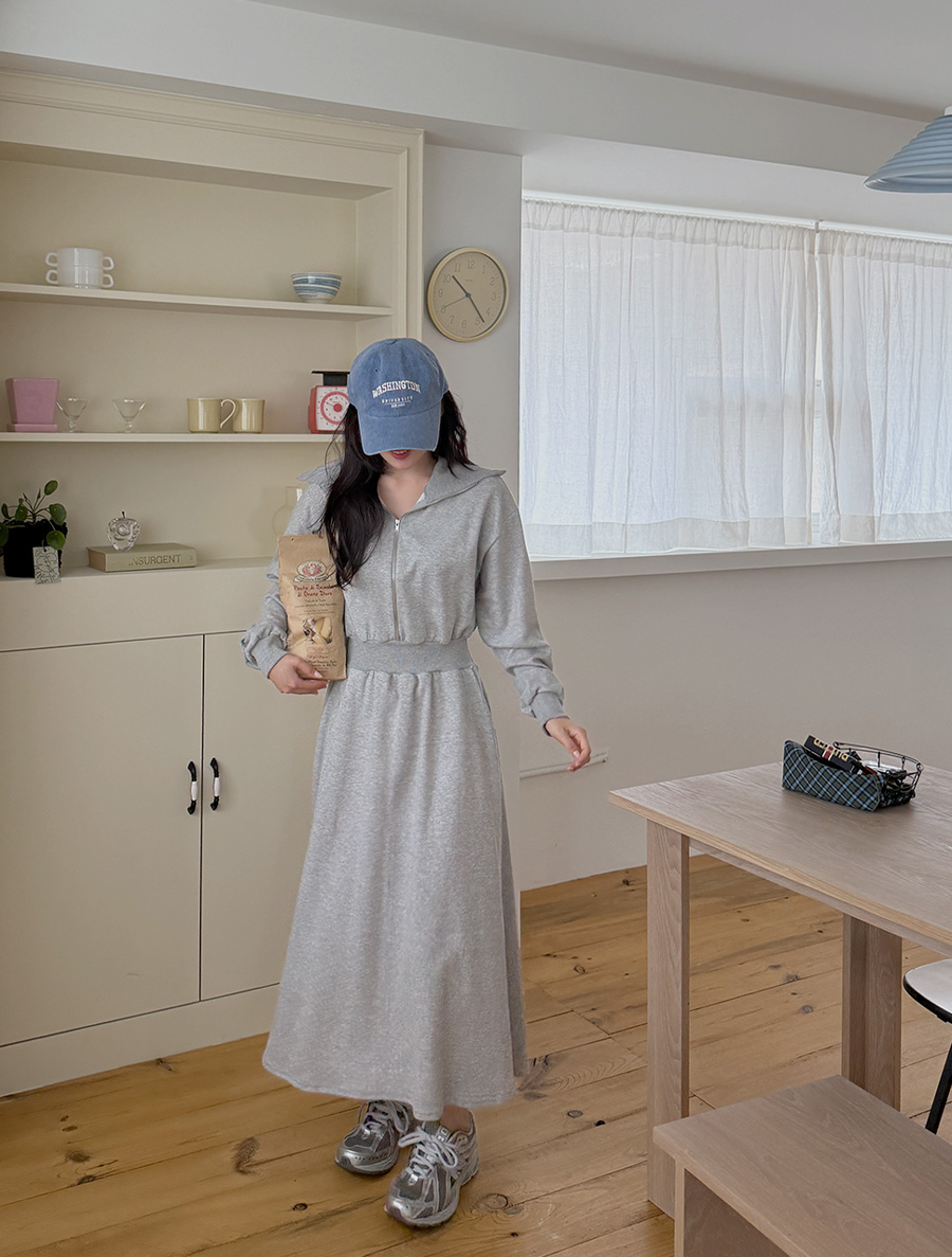 [EVELLET] Garend Collar Waistband Long Dress