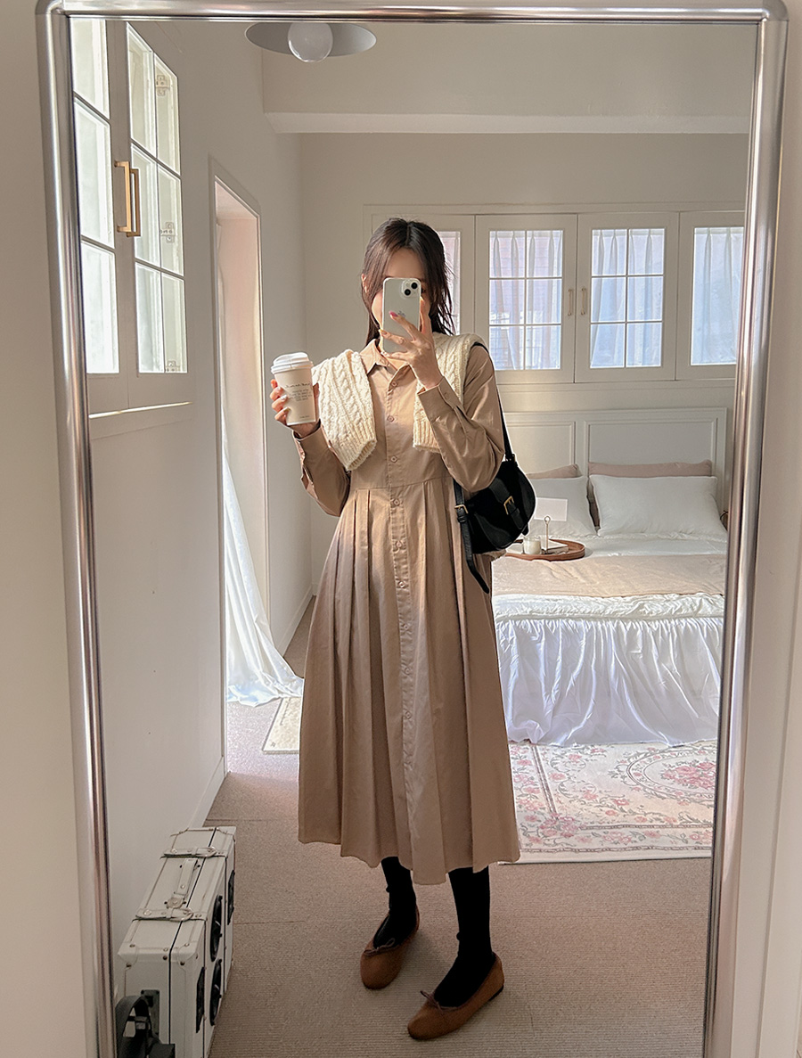 [EVELLET] Hardibone Pintuck Shirt Long Dress
