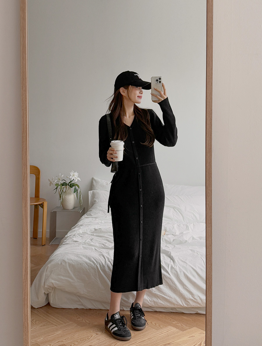 [EVELLET] EVELLET V-neck Waistband SET Knit Long Dress