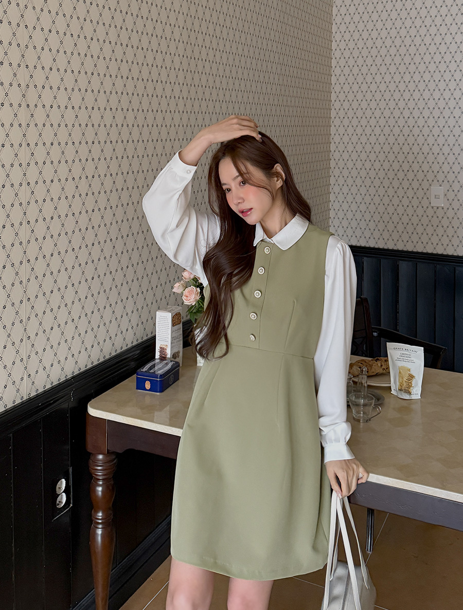 [EVELLET] Ring Bly Button Suspender Dress