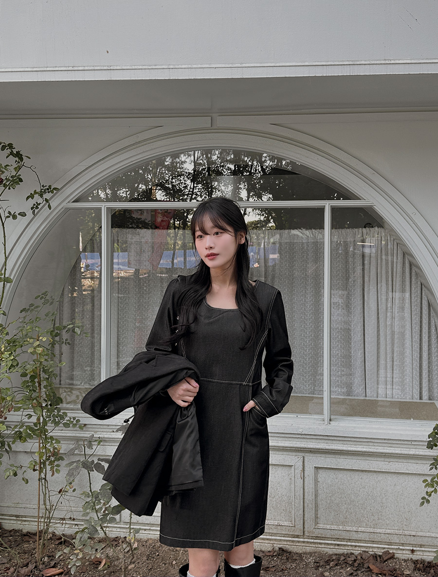 [EVELLET] Livina Denim Color Stitch Mini Dress