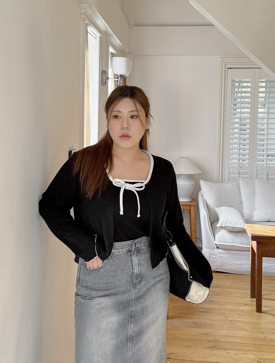 [EVELLET] Velvet bowknot Contrast Sleeveless Cardigan SET