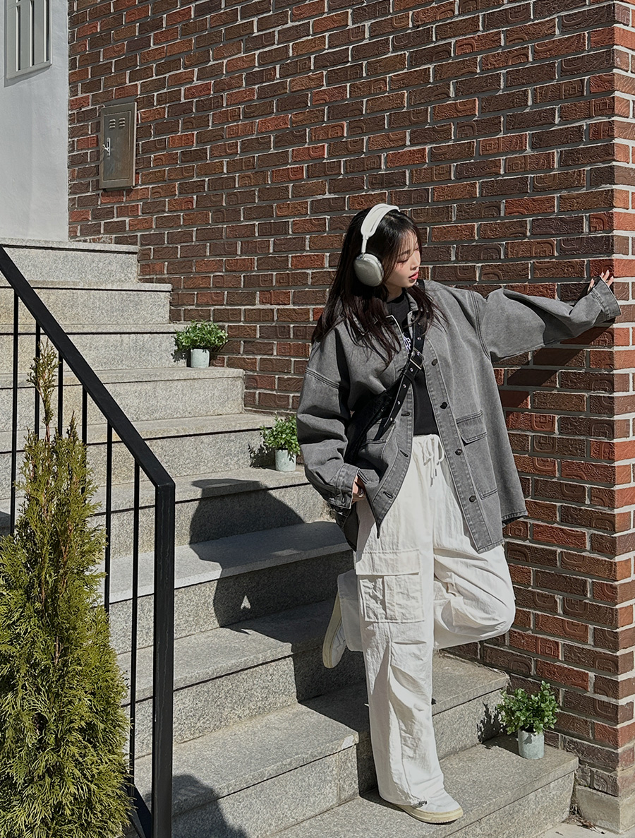 [EVELLET] Puodin Waist Strap SET Denim loose fit shirt jacket